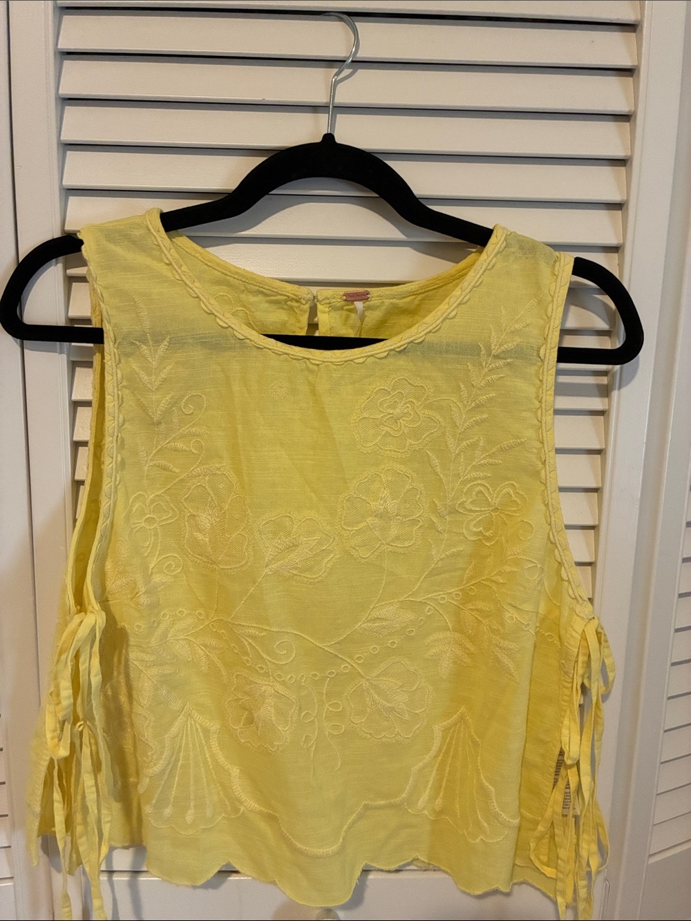 Free People Yellow Embroidered Tie-Side Tank